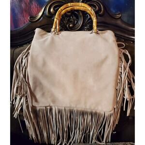 Rossella D Dusty Natural Tan Leather Fringe Hobo Bamboo Handle Purse